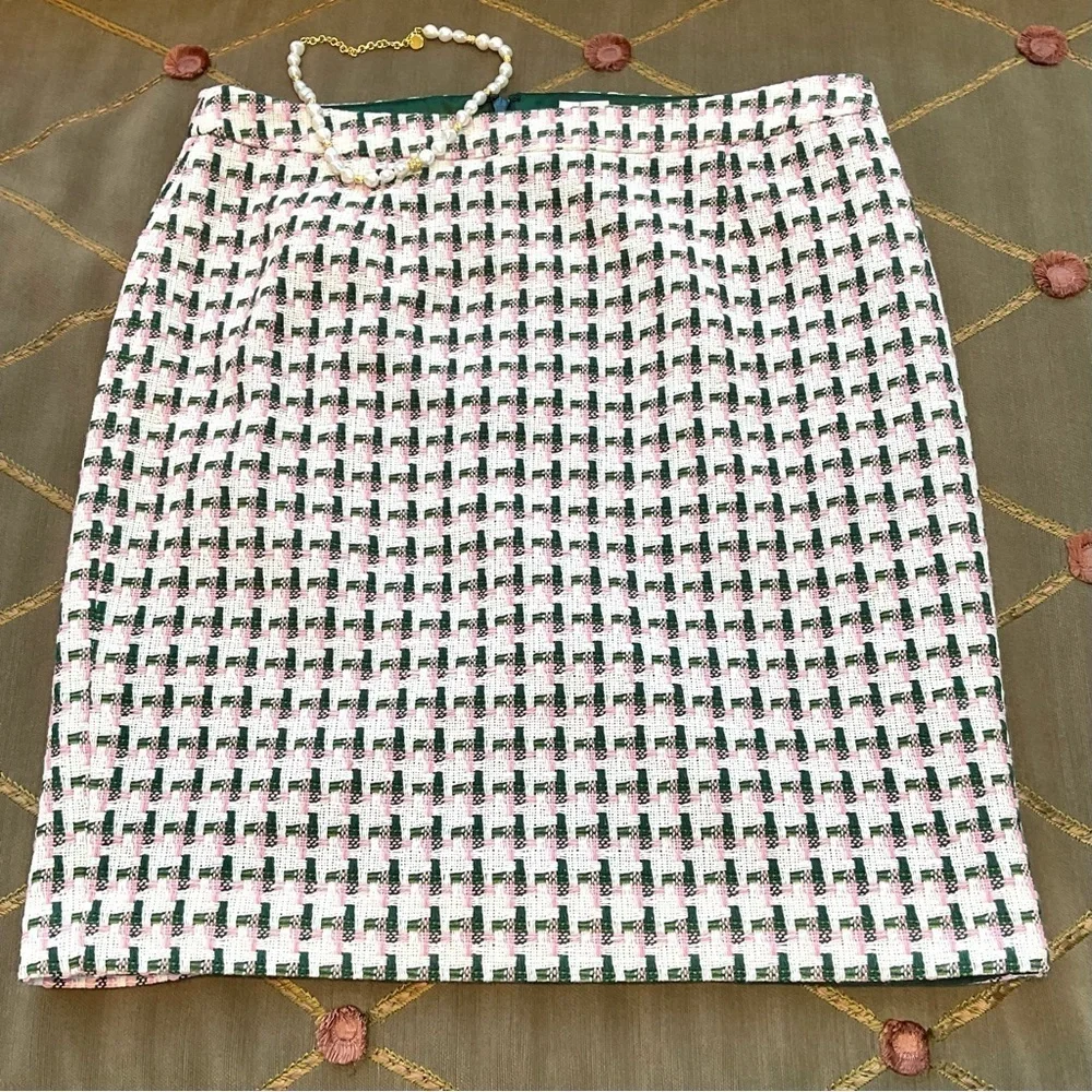 Boden Skirt Pencil Woven Plaid White Pink Petite (10P)